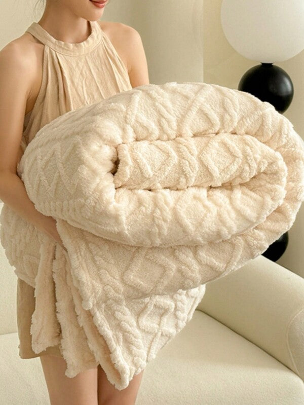 1pc Thickened Taffeta Jacquard Faux Long Pile Lamb Fleece Blanket, Soft & Warm Reversible Bed Throw Blanket Shawl, Suitable For Living Room, Bedroom, Dorm Decor, Back To School/School Season/Dorm Bedding