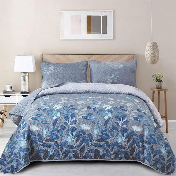 Draelibor 3 Pieces Botanical Leaves Flower Quilt Set,Twin Full Queen King Size Boho Floral Branches Soft Microfiber Coverlet Set For All Season,For Mother's Day/Wedding/Christmas/Halloween Gifts,Home Room Bedroom Bed Decor(1 Bedspread, 2 Pillowcases)